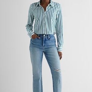 Express The Cropped Portofino Green White Striped Button Down Shirt Medium